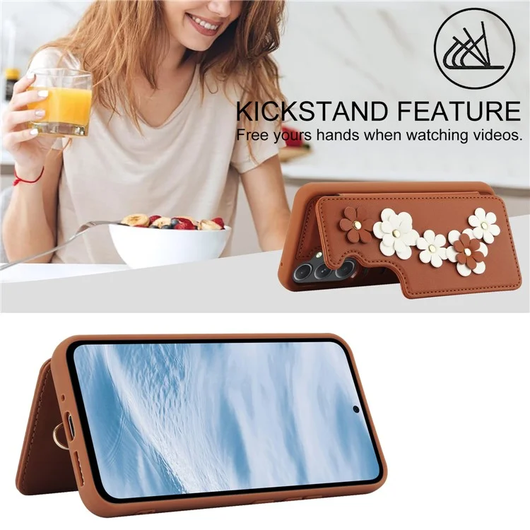 SY-001 For Samsung Galaxy S23 FE Case Card Holder Leather+TPU Flower Phone Cover - Brown
