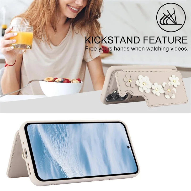 SY-001 For Samsung Galaxy S24+ Case Card Holder Kickstand Leather Back Phone Cover - Beige