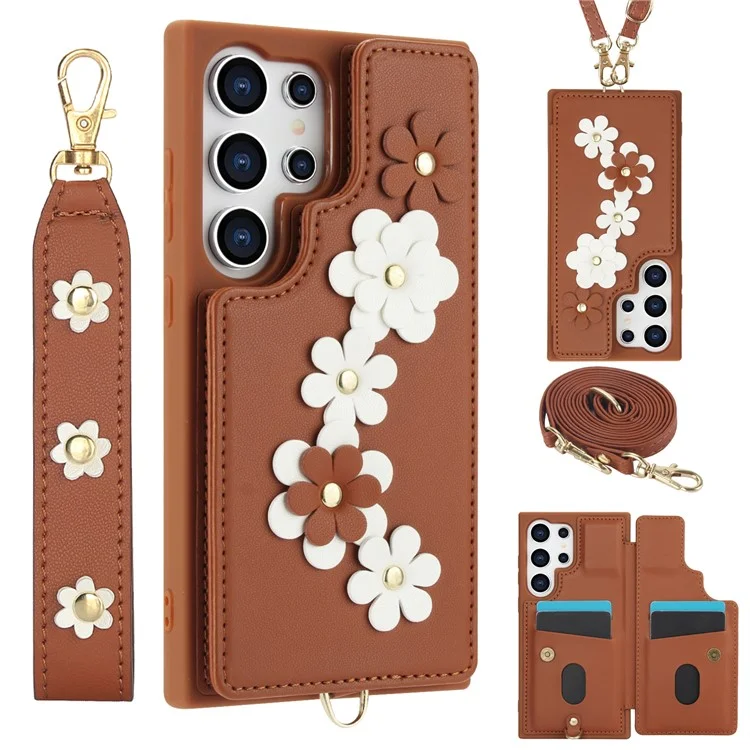 SY-001 For Samsung Galaxy S24 Ultra Case Kickstand Leather+TPU Crossbody Phone Cover - Brown