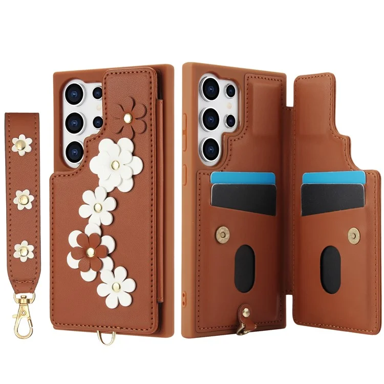 SY-001 For Samsung Galaxy S24 Ultra Case Kickstand Leather+TPU Crossbody Phone Cover - Brown