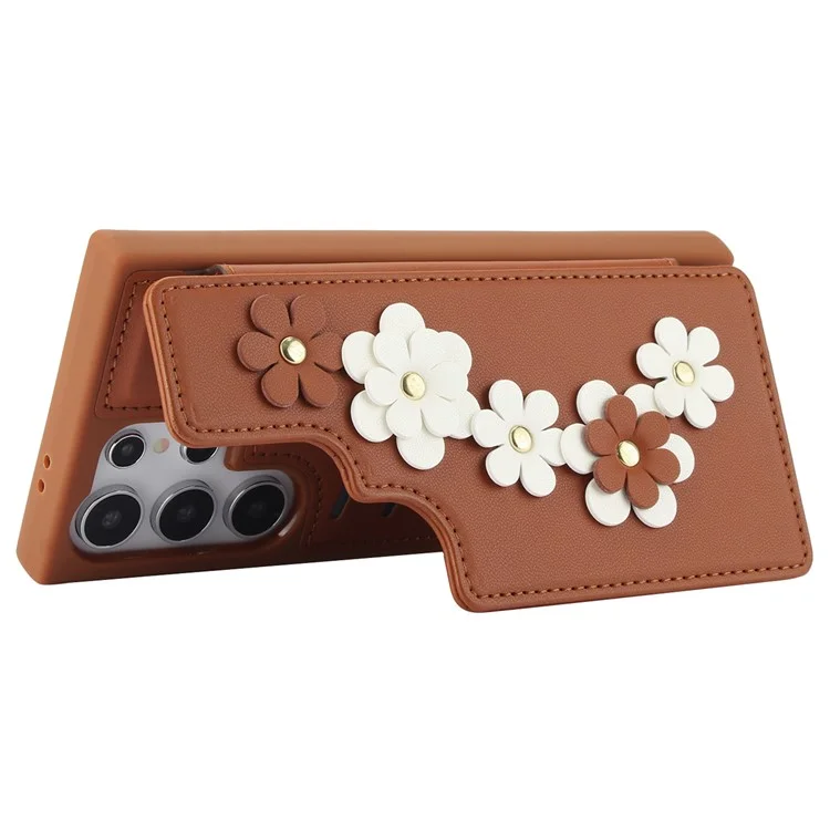 SY-001 For Samsung Galaxy S24 Ultra Case Kickstand Leather+TPU Crossbody Phone Cover - Brown