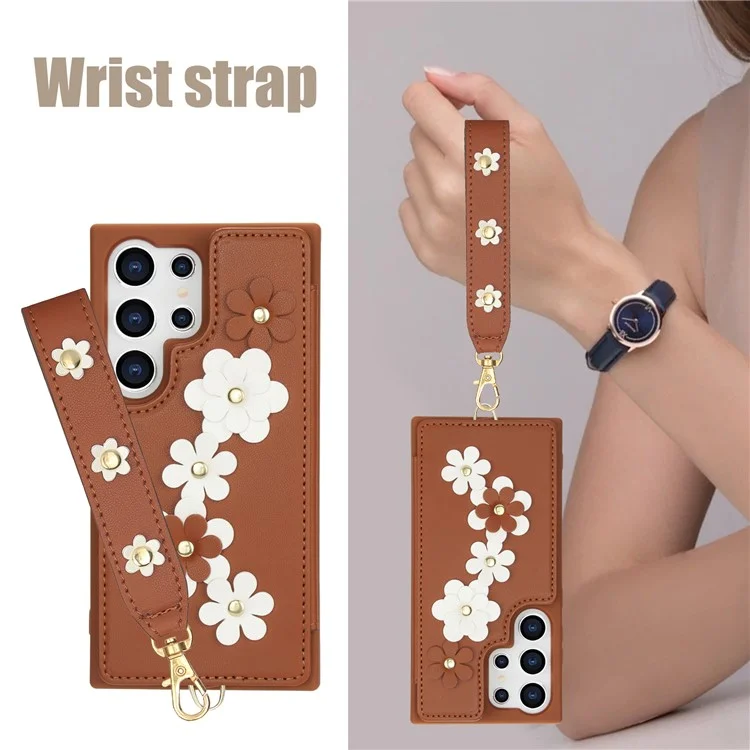 SY-001 For Samsung Galaxy S24 Ultra Case Kickstand Leather+TPU Crossbody Phone Cover - Brown