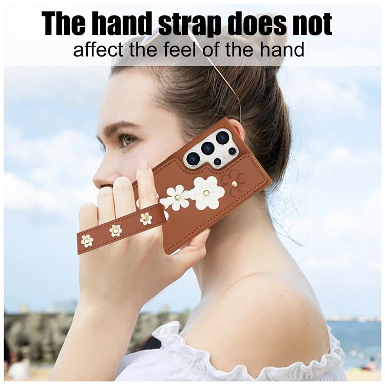 SY-001 For Samsung Galaxy S24 Ultra Case Kickstand Leather+TPU Crossbody Phone Cover - Brown