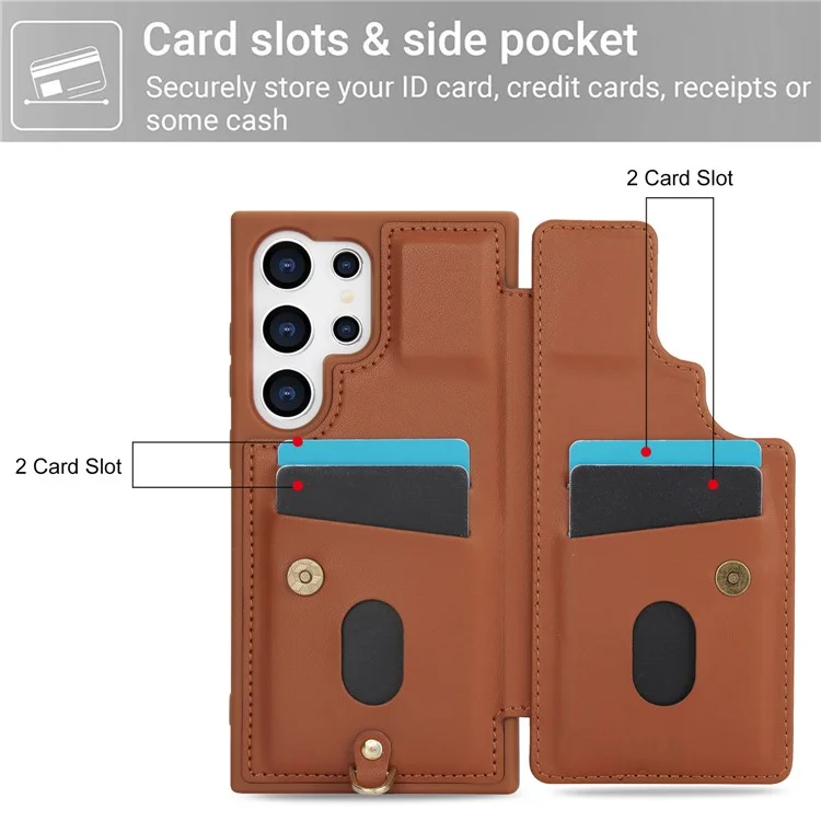 SY-001 For Samsung Galaxy S24 Ultra Case Kickstand Leather+TPU Crossbody Phone Cover - Brown