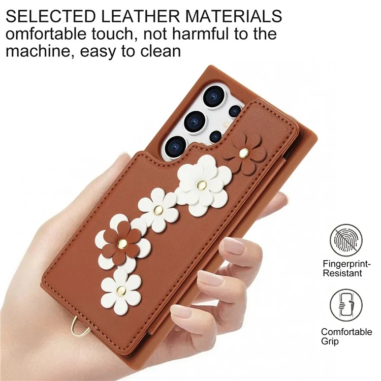 SY-001 For Samsung Galaxy S24 Ultra Case Kickstand Leather+TPU Crossbody Phone Cover - Brown