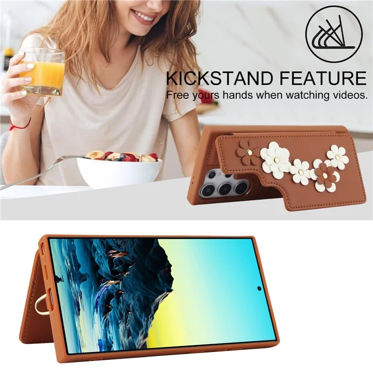 SY-001 For Samsung Galaxy S24 Ultra Case Kickstand Leather+TPU Crossbody Phone Cover - Brown