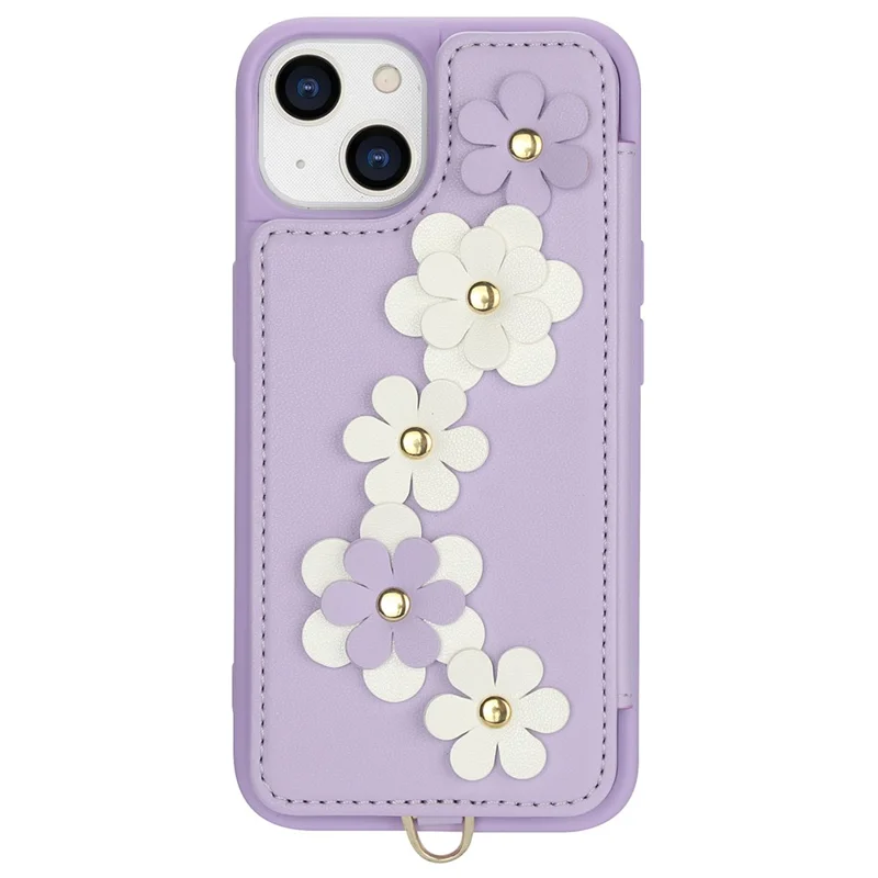 SY-001 For iPhone 15 Case Flower Leather Coated TPU Phone Cover with Shoulder Strap - Purple