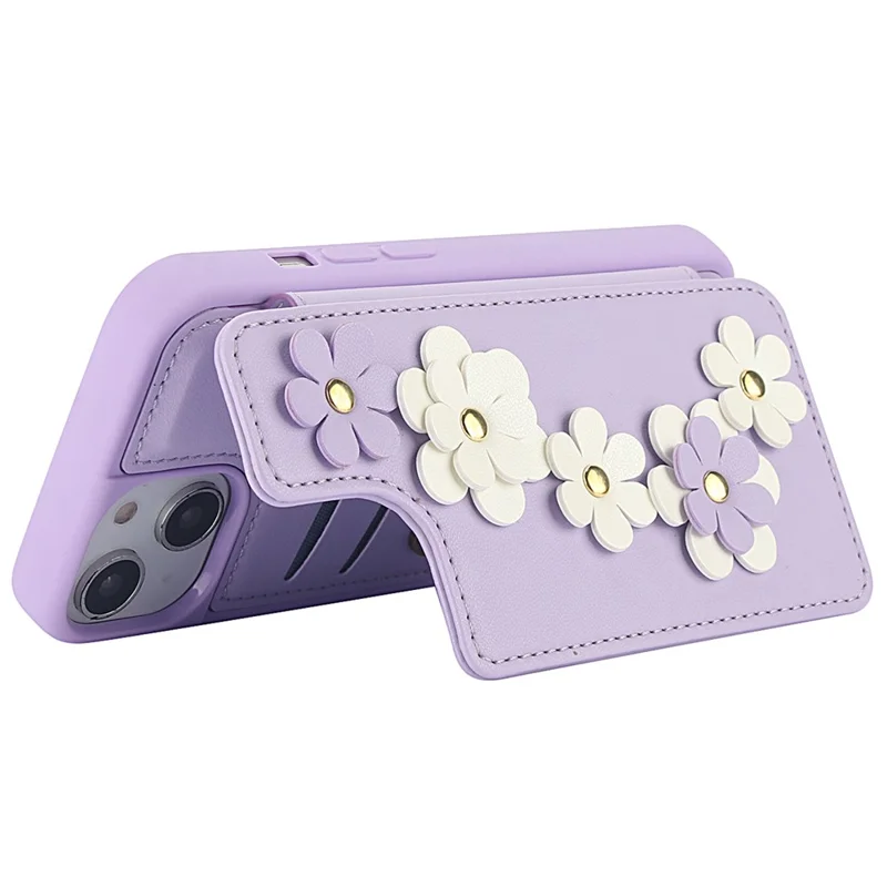 SY-001 For iPhone 15 Case Flower Leather Coated TPU Phone Cover with Shoulder Strap - Purple