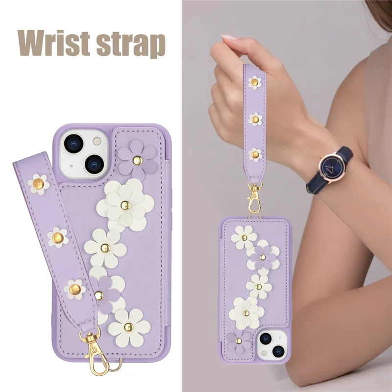 SY-001 For iPhone 15 Case Flower Leather Coated TPU Phone Cover with Shoulder Strap - Purple