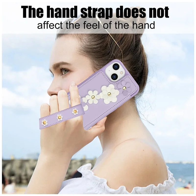SY-001 For iPhone 15 Case Flower Leather Coated TPU Phone Cover with Shoulder Strap - Purple