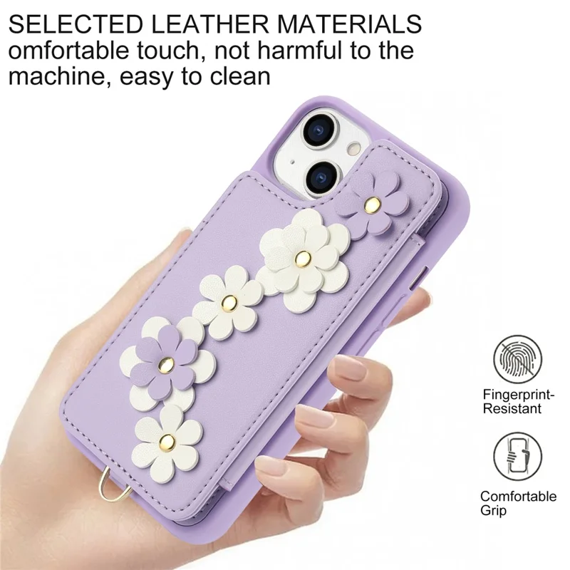 SY-001 For iPhone 15 Case Flower Leather Coated TPU Phone Cover with Shoulder Strap - Purple