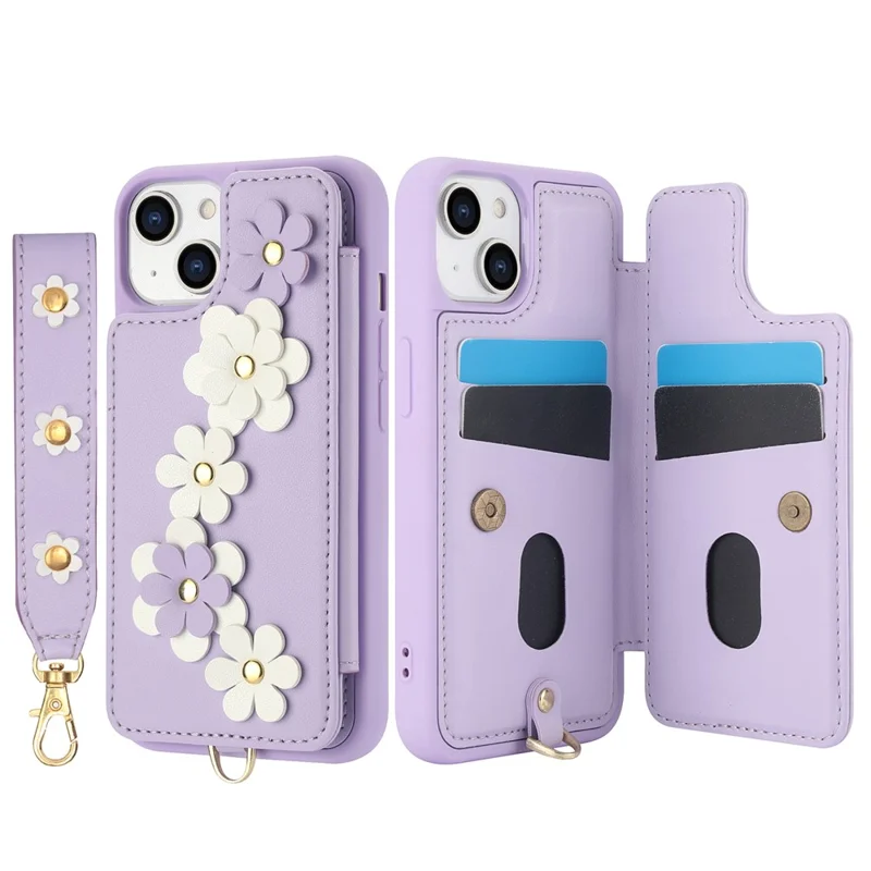 SY-001 For iPhone 15 Case Flower Leather Coated TPU Phone Cover with Shoulder Strap - Purple