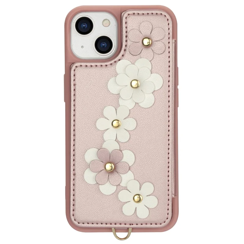 SY-001 For iPhone 15 Case Flower Leather Coated TPU Phone Cover with Shoulder Strap - Pink