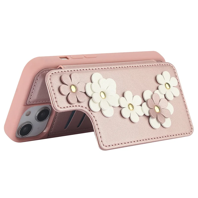 SY-001 For iPhone 15 Case Flower Leather Coated TPU Phone Cover with Shoulder Strap - Pink