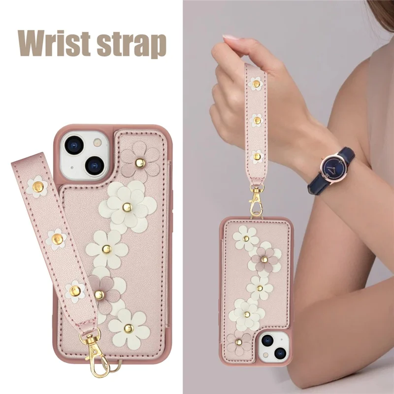 SY-001 For iPhone 15 Case Flower Leather Coated TPU Phone Cover with Shoulder Strap - Pink