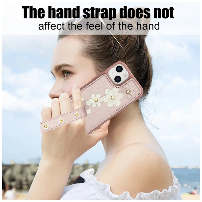 SY-001 For iPhone 15 Case Flower Leather Coated TPU Phone Cover with Shoulder Strap - Pink