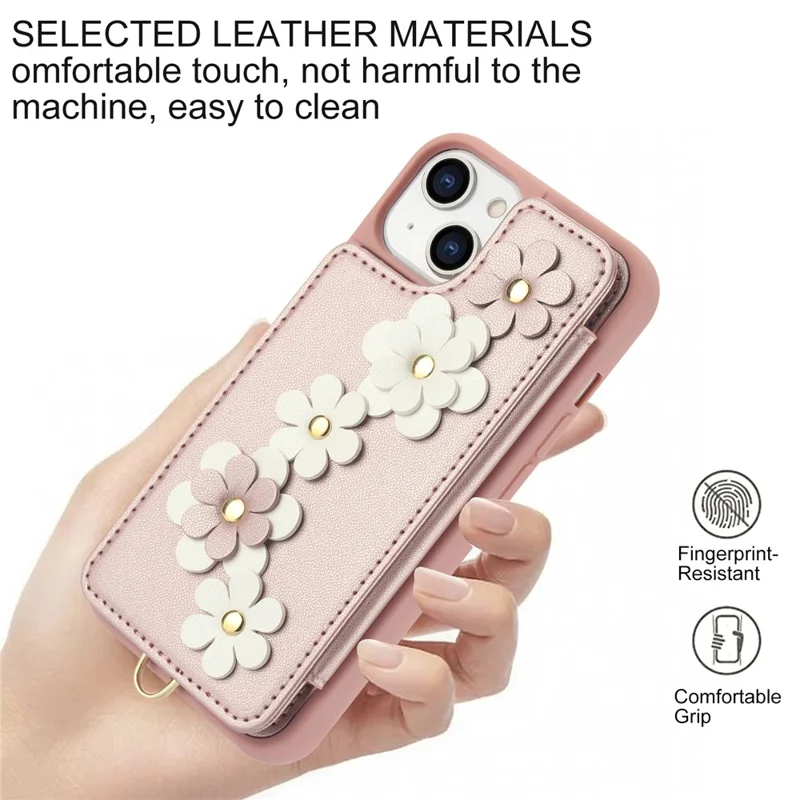 SY-001 For iPhone 15 Case Flower Leather Coated TPU Phone Cover with Shoulder Strap - Pink
