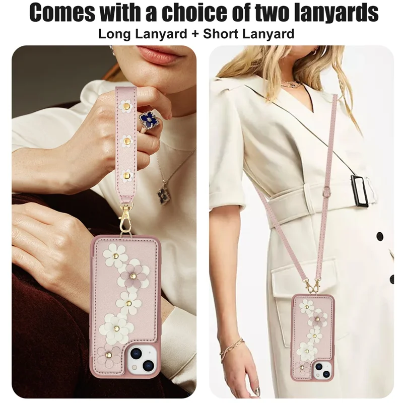 SY-001 For iPhone 15 Case Flower Leather Coated TPU Phone Cover with Shoulder Strap - Pink