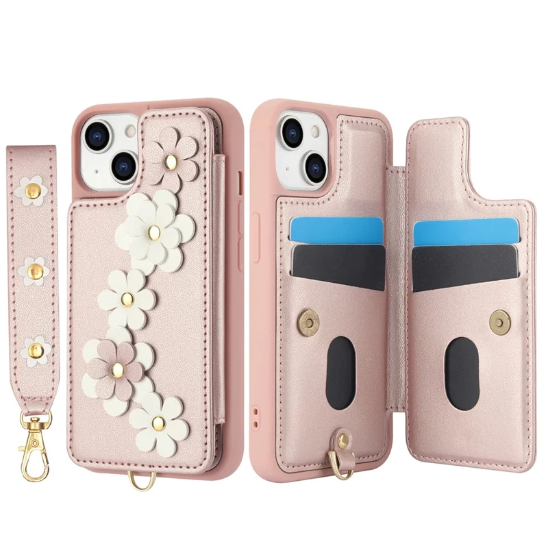 SY-001 For iPhone 15 Case Flower Leather Coated TPU Phone Cover with Shoulder Strap - Pink