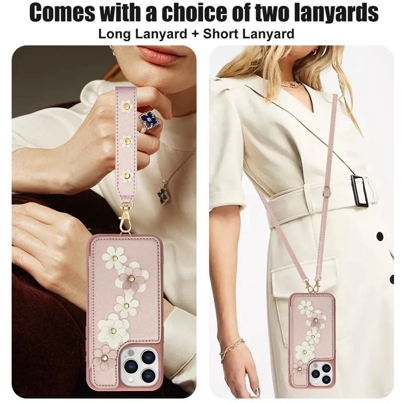 SY-001 Für iPhone 15 Pro Case Card Slots Leder beschichtete TPU Blume Handyhülle - Pink