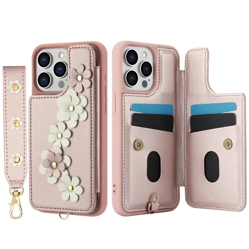 SY-001 Für iPhone 15 Pro Case Card Slots Leder beschichtete TPU Blume Handyhülle - Pink