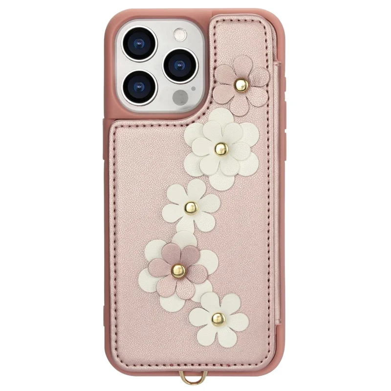 SY-001 Für iPhone 15 Pro Case Card Slots Leder beschichtete TPU Blume Handyhülle - Pink