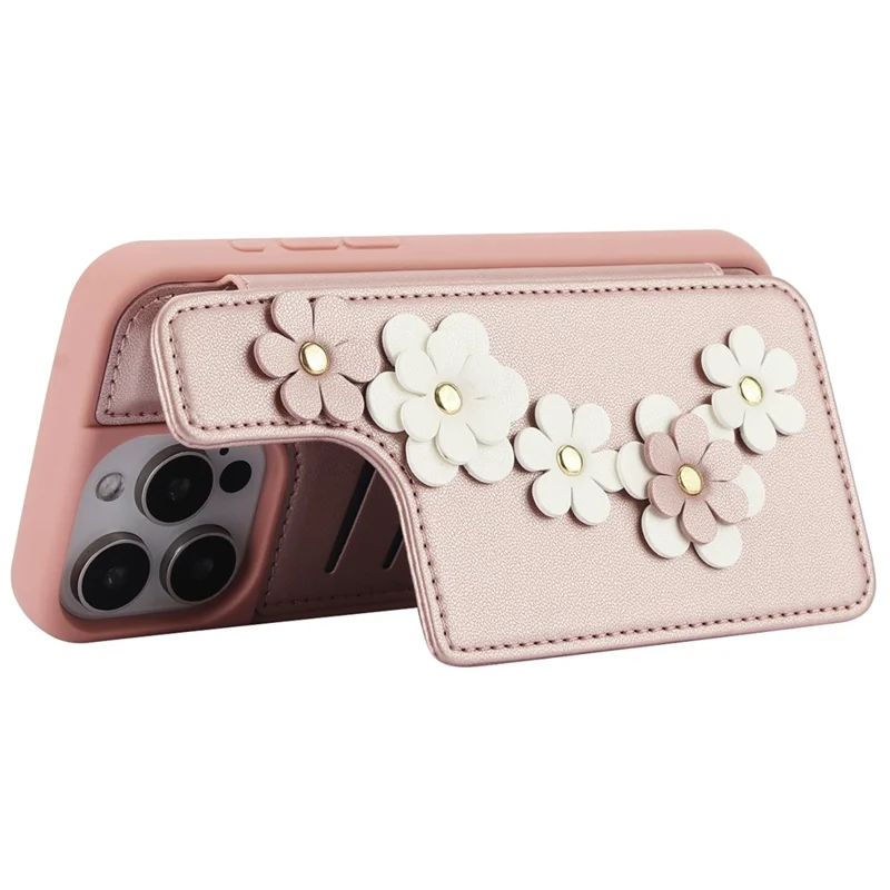 SY-001 Für iPhone 15 Pro Case Card Slots Leder beschichtete TPU Blume Handyhülle - Pink
