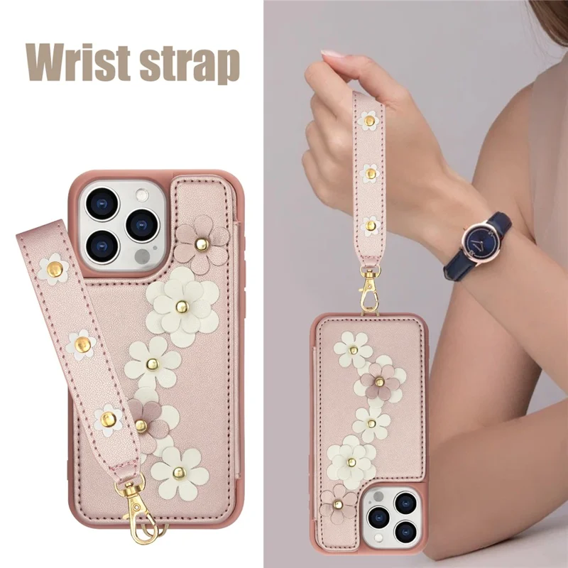 SY-001 Für iPhone 15 Pro Case Card Slots Leder beschichtete TPU Blume Handyhülle - Pink