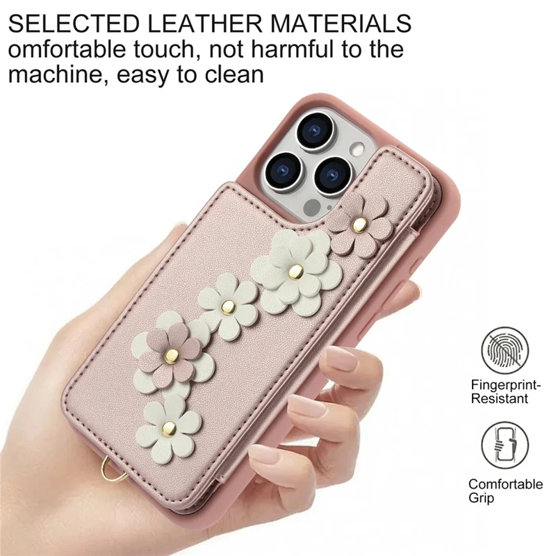 SY-001 Für iPhone 15 Pro Case Card Slots Leder beschichtete TPU Blume Handyhülle - Pink
