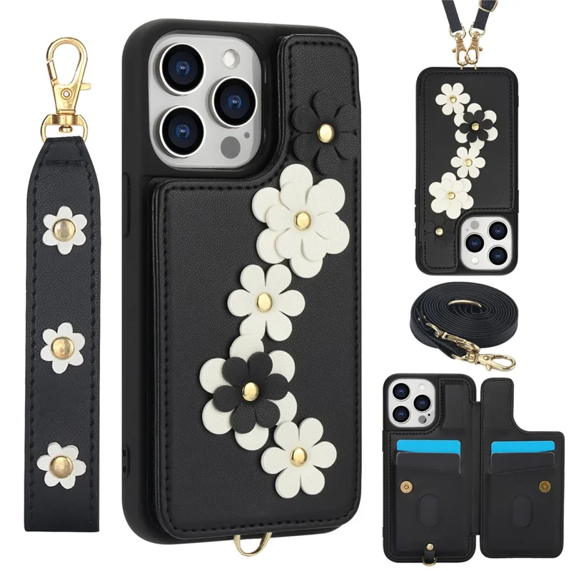 Чехол для iPhone 15 Pro Max SY-001, кожаная задняя панель, чехол для телефона с ремешком для руки + ремешок для плеча - черный