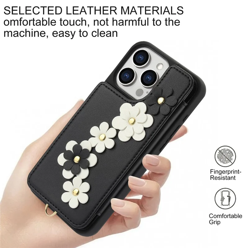 Чехол для iPhone 15 Pro Max SY-001, кожаная задняя панель, чехол для телефона с ремешком для руки + ремешок для плеча - черный