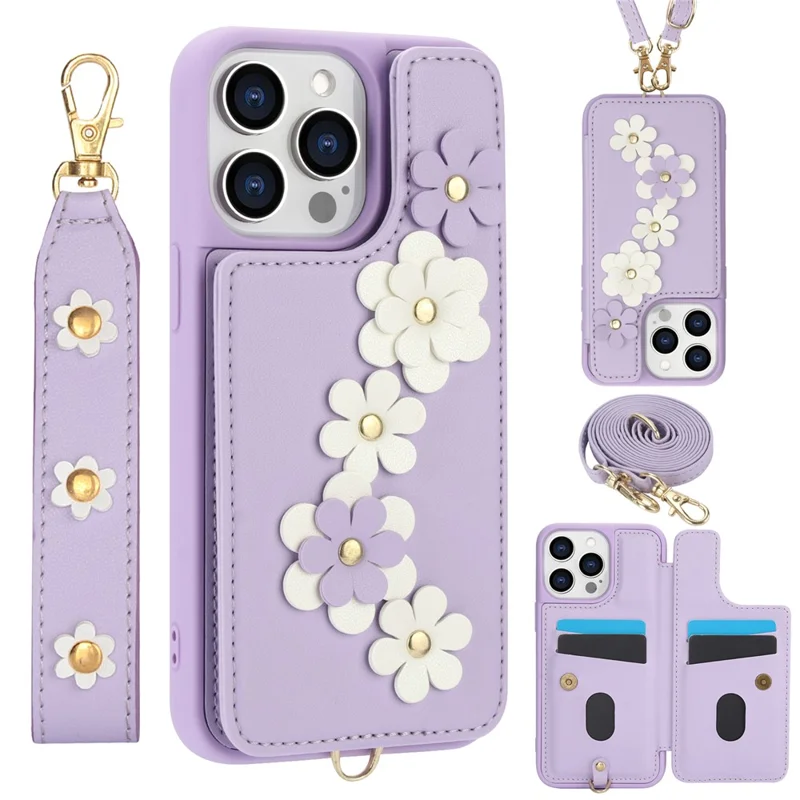 SY-001 For iPhone 15 Pro Max Case Leather Back Phone Cover with Hand Strap + Shoulder Strap - Purple