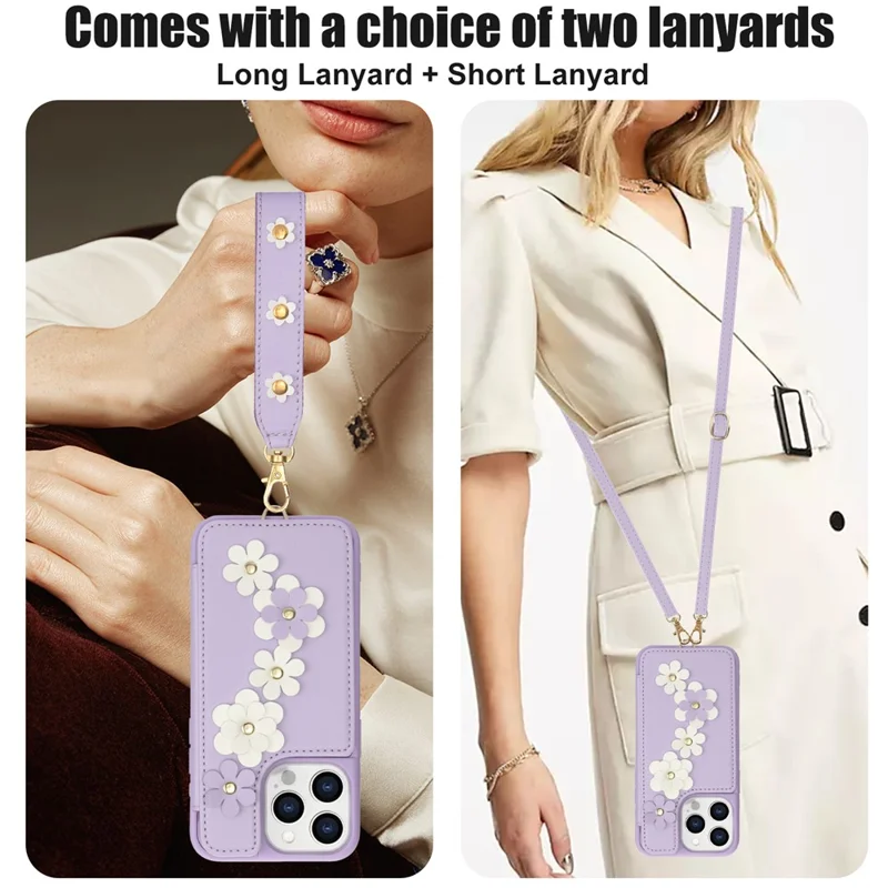 SY-001 For iPhone 15 Pro Max Case Leather Back Phone Cover with Hand Strap + Shoulder Strap - Purple