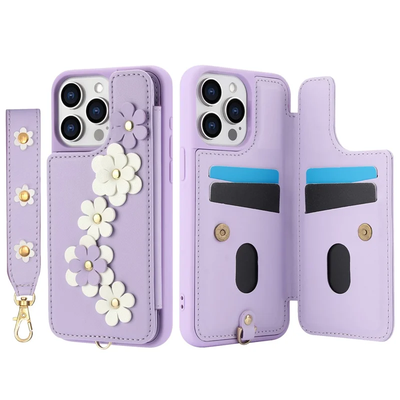 SY-001 For iPhone 15 Pro Max Case Leather Back Phone Cover with Hand Strap + Shoulder Strap - Purple