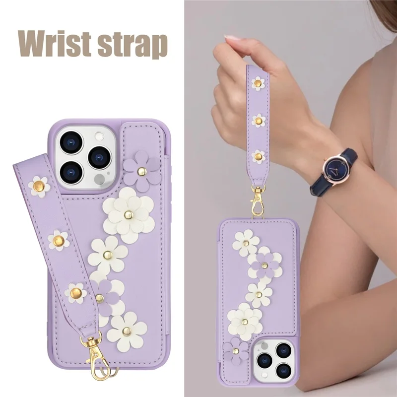 SY-001 For iPhone 15 Pro Max Case Leather Back Phone Cover with Hand Strap + Shoulder Strap - Purple