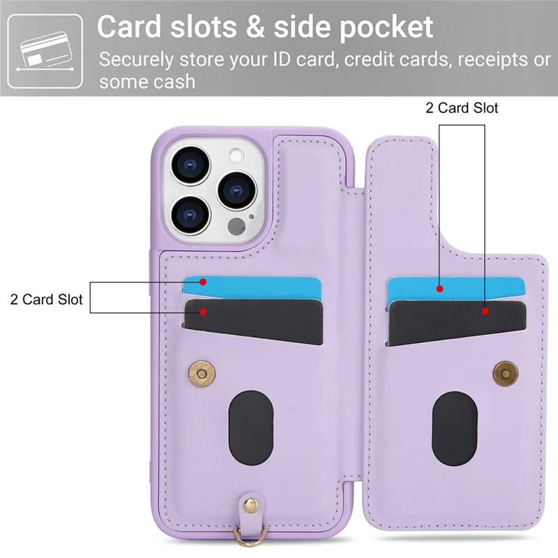 SY-001 For iPhone 15 Pro Max Case Leather Back Phone Cover with Hand Strap + Shoulder Strap - Purple