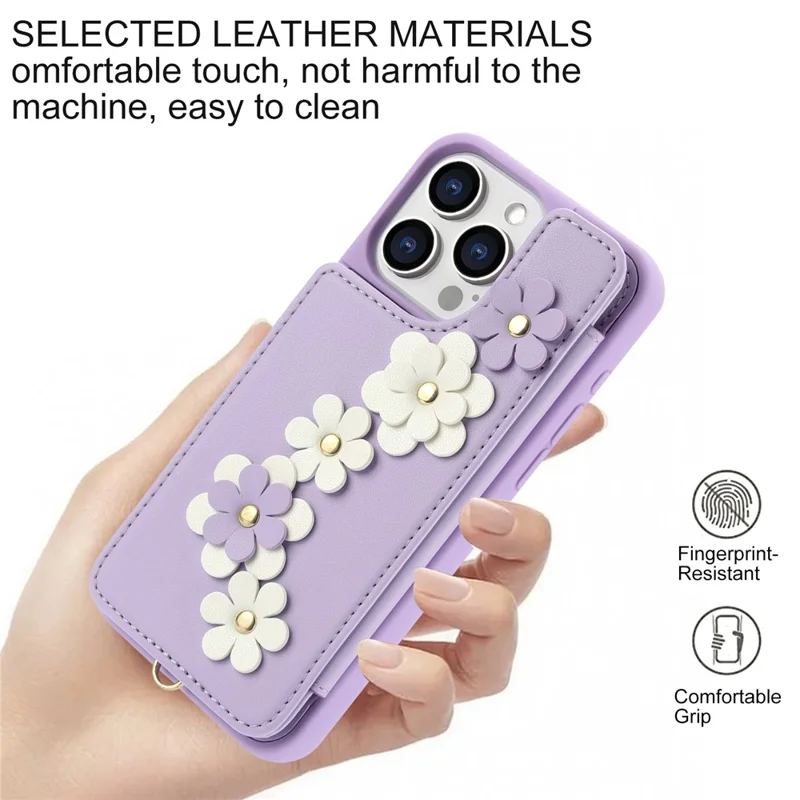 SY-001 For iPhone 15 Pro Max Case Leather Back Phone Cover with Hand Strap + Shoulder Strap - Purple