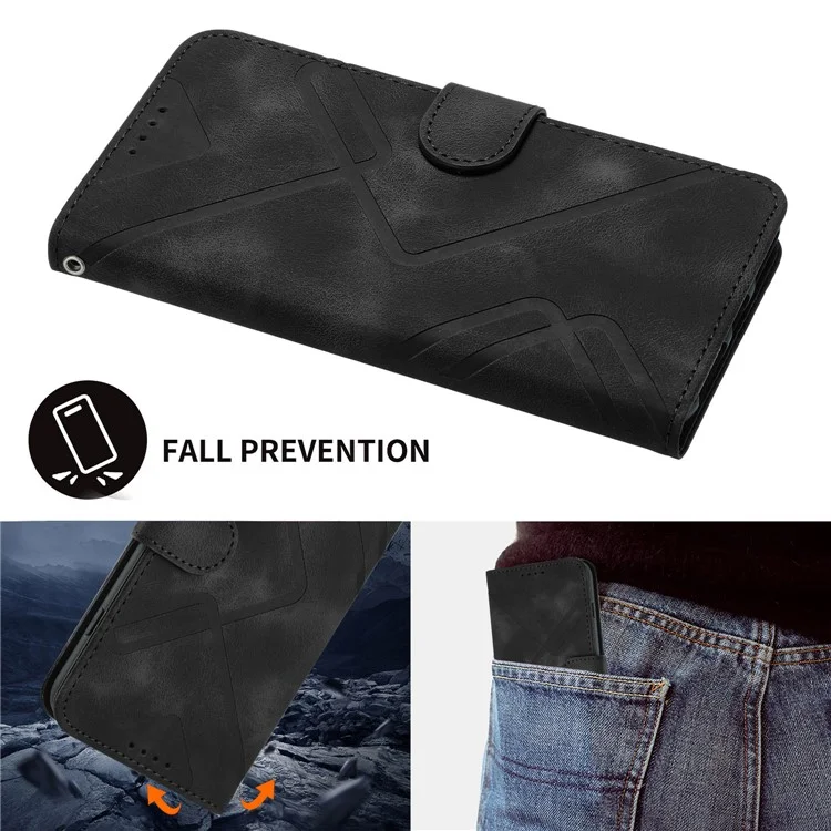 YX0040 For iPhone 16 Case Leather Wallet Flip Phone Cover Geometry Imprinted - Black