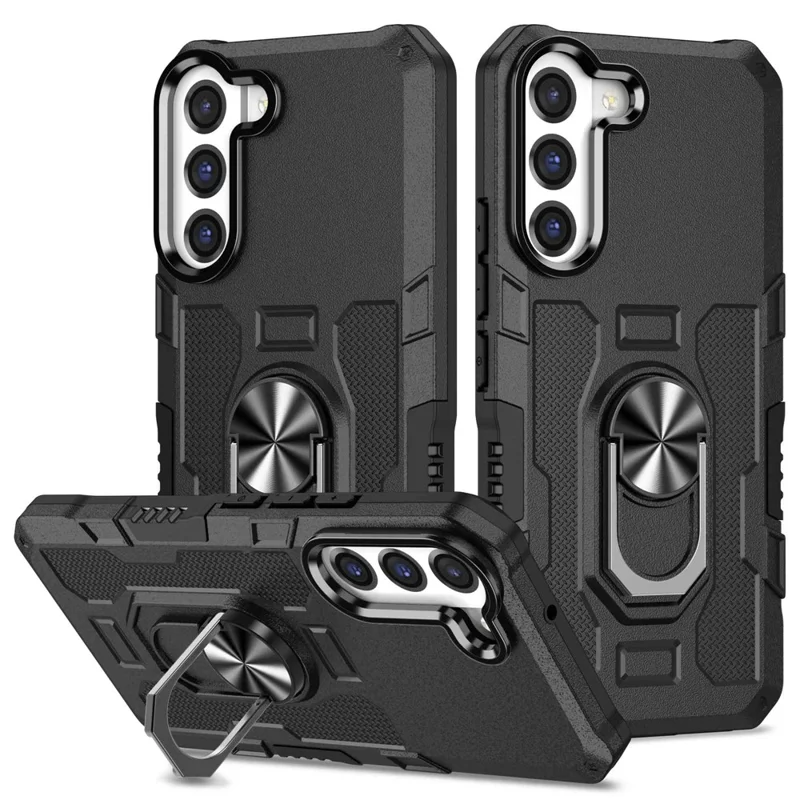 For Samsung Galaxy S22 5G Anti-drop Phone Case Ring Holder Kickstand Protective Phone Cover Built-in Metal Sheet - Black