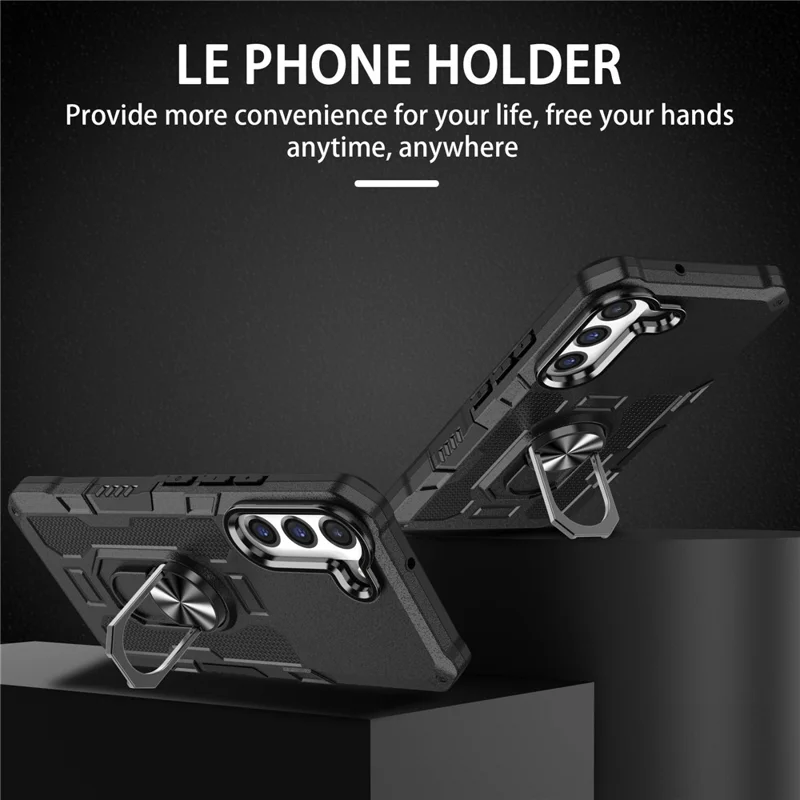 For Samsung Galaxy S22 5G Anti-drop Phone Case Ring Holder Kickstand Protective Phone Cover Built-in Metal Sheet - Black