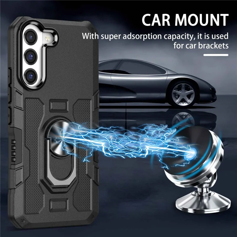 For Samsung Galaxy S22 5G Anti-drop Phone Case Ring Holder Kickstand Protective Phone Cover Built-in Metal Sheet - Black