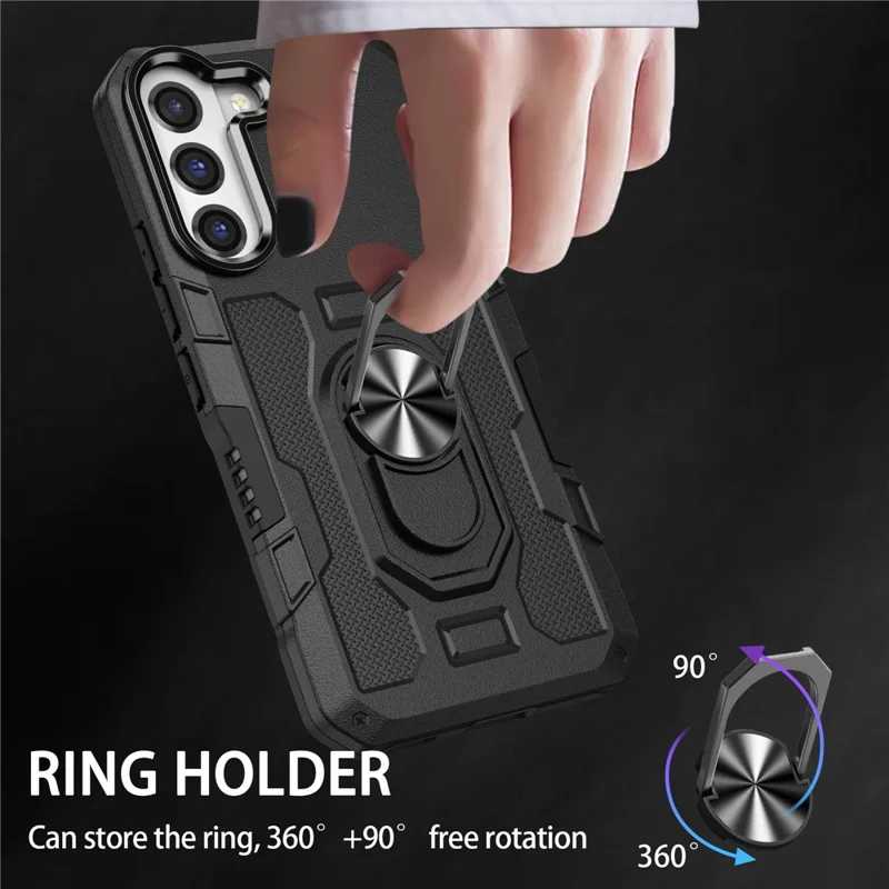 For Samsung Galaxy S22 5G Anti-drop Phone Case Ring Holder Kickstand Protective Phone Cover Built-in Metal Sheet - Black