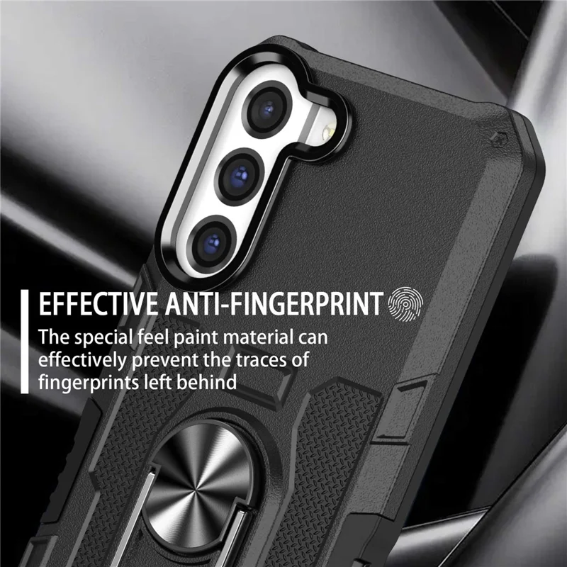 For Samsung Galaxy S22 5G Anti-drop Phone Case Ring Holder Kickstand Protective Phone Cover Built-in Metal Sheet - Black