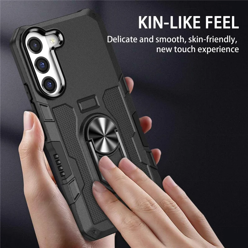 For Samsung Galaxy S22 5G Anti-drop Phone Case Ring Holder Kickstand Protective Phone Cover Built-in Metal Sheet - Black