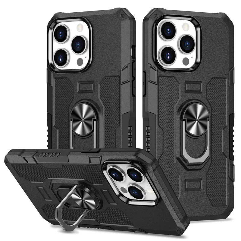 Para Iphone 14 Pro Max Chefe de Choque à Prova de Choque Rotative Ring Suports Kickstand Protective Tele - Preto