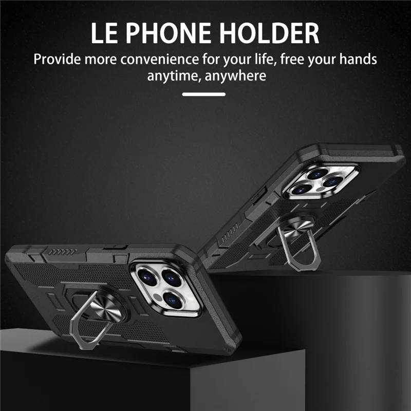 Para Iphone 14 Pro Max Chefe de Choque à Prova de Choque Rotative Ring Suports Kickstand Protective Tele - Preto