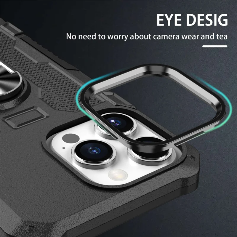 Para Iphone 14 Pro Max Chefe de Choque à Prova de Choque Rotative Ring Suports Kickstand Protective Tele - Preto