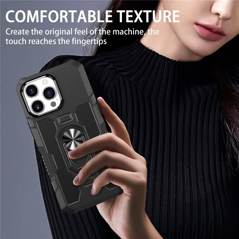 Kickstand Phone Cover For iPhone 14 Pro, Scratch-Resistant PC + TPU Phone Case with Metal Ring Holder Built-in Metal Sheet - Black