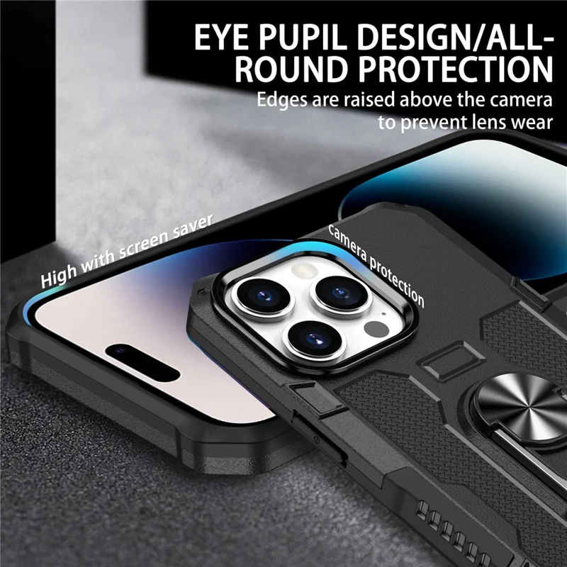 Kickstand Phone Cover For iPhone 14 Pro, Scratch-Resistant PC + TPU Phone Case with Metal Ring Holder Built-in Metal Sheet - Black