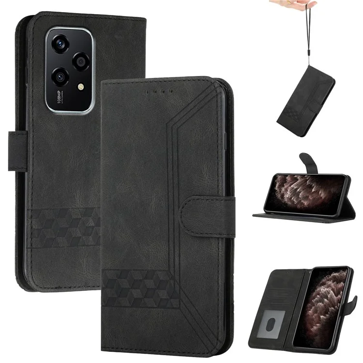 YX0010 Series for Honor 200 Lite Case Leather Phone Cover Rhombus Lines Pattern - Black